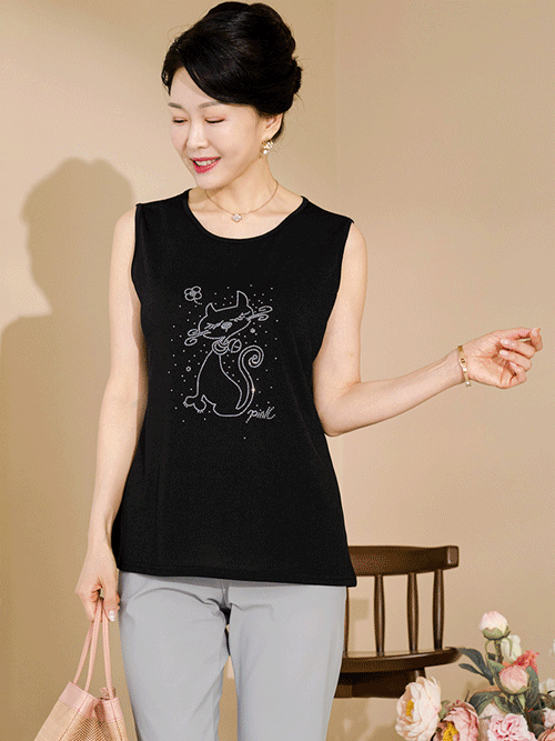 [신데렐라세일]꽃고양이장식민소매티셔츠